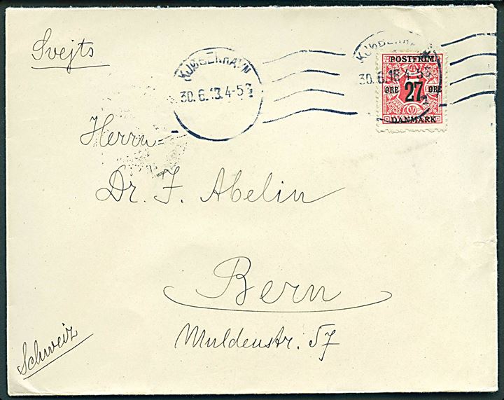 27/7 øre Provisorium single på brev fra København d . 30.6.1918 til Bern, Schweiz.