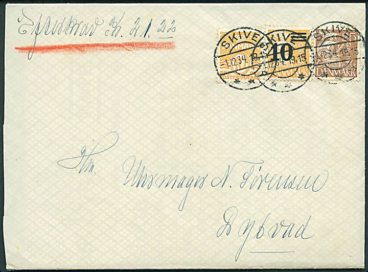 10 øre Bølgelinie, 25 øre Karavel, 10/30 øre Provisorium på brev med postopkrævning fra Skive d. 1.12.1934 til Dybvad.