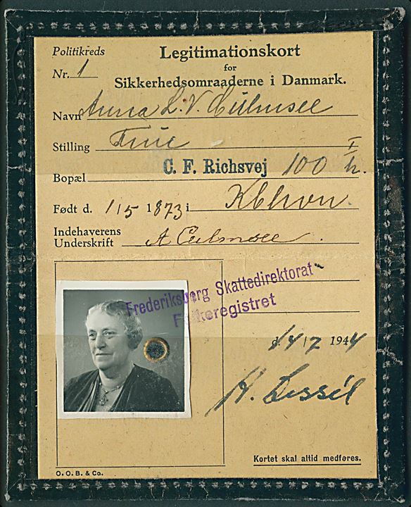 Legimitationskort for Sikkerhedsomraaderne i Danmark udstedt på Frederiksberg d. 14.7.1944.