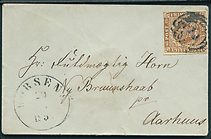 4 R.B.S. Thiele II med fuld rand på lille brev annulleret med svagt nr.stempel 30 og sidestemplet antiqua Horsens d. 29.x.185x til Ny Bruunshaab pr. Aarhus.