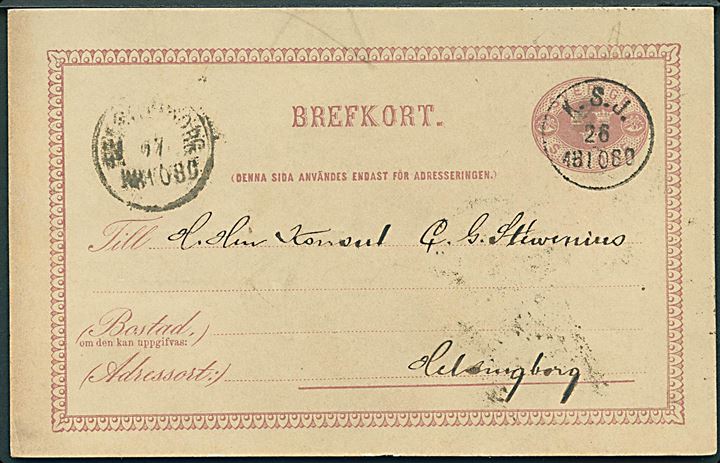 6 öre helsagsbrevkort fra Sölvesborg annulleret med bureaustempel K.S.J. (Kristianstad-Sölvesborg Jernväg) d. 26.10.1880 til Helsingborg.