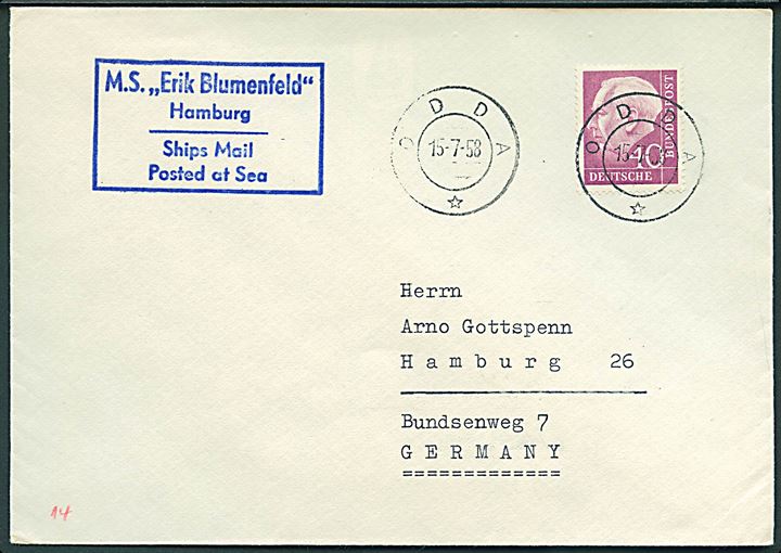 40 pfg. Heuss på skibsbrev annulleret med norsk stempel i Odda d. 15.7.1958 til Hamburg, Tyskland. Privat skibsstempel fra M/S Erik Blumenfeld.
