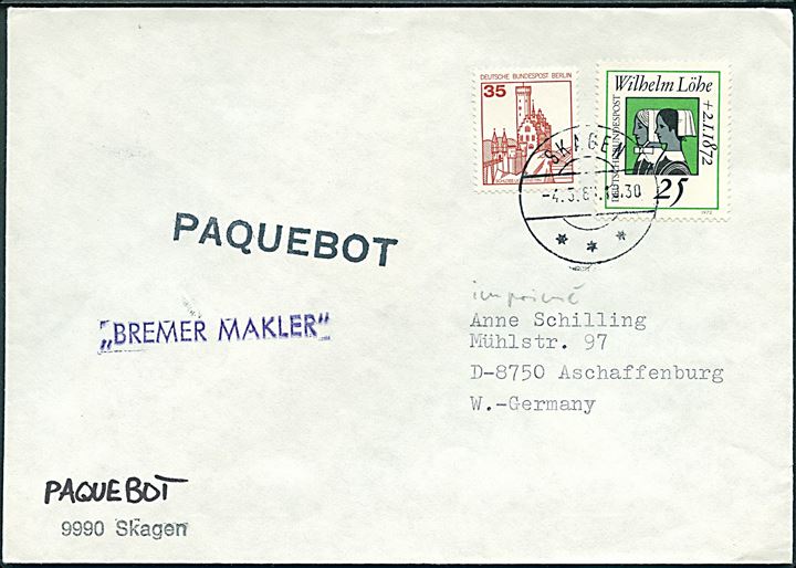 Tysk 25 pfg. og 35 pfg. på skibsbrev annulleret med dansk stempel i Skagen d. 4.5.1985 og sidestemplet Paquebot til Aschaffenburg, Tyskland. Privat skibsstempel Bremer Makler.