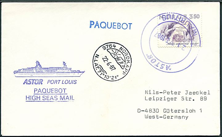 3,50 kr. på skibsbrev annulleret Astor / Mauritius, samt sidestemplet Nordkapp d. 22.6.1987 og Paquebot, til Gütersloh, Tyskland.