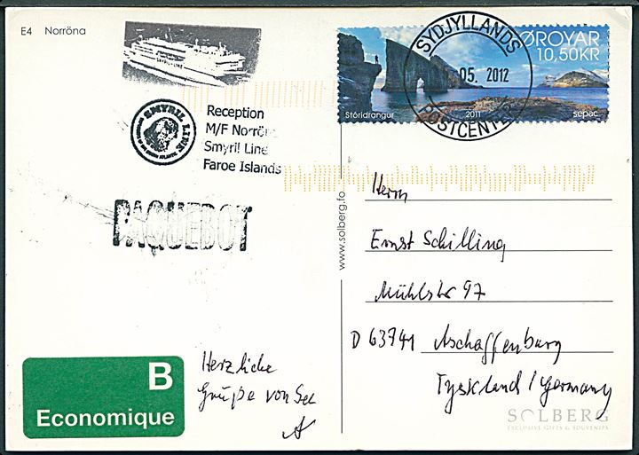 10,50 kr. Sepac udg. på B-post brevkort (M/S Norrröna) annulleret med dansk stempel ved Sydjyllands Postcenter d. 15.5.2012 og sidestemplet Paquebot til Aschaffenburg, Tyskland.