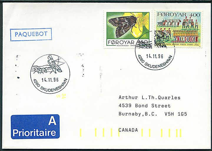 Blandingsfrankeret luftpostbrev annulleret med norsk stempel i Skudeneshavn d. 14.11.1996 og sidestemplet Paquebot til Burnaby, Canada.