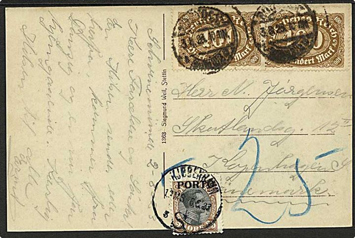 Tysk 400 mk. (2) på underfrankeret brevkort fra Rostock d. 3.8.1923 til København, Danmark. Udtakseret i porto med 25 øre Porto-provisorium stemplet Kjøbenhavn S. d. 6.8.1923.