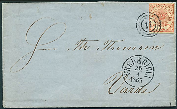 4 sk. Krone/Scepter artighedsklippet på brev annulleret med nr.strempel 17 og sidestemplet antiqua Fredericia d. 25.4.1865 via Kolding til Varde.