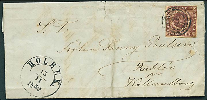 4 R.B.S. Thiele I på brev med indhold dateret Løvenborg d. 14.11.1850 annulleret med nr.stempel 28 og sidestemplet med 1½ ringsstempel Holbek. d. 15.11.1852 til Rakløv pr. Kalundborg. Fuldt indhold.