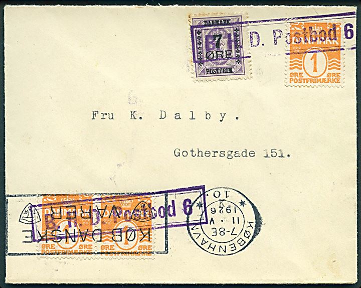 1 øre Bølgelinie (3) og 7/15 øre Provisorium på lokalbrev annulleret med særstempel fra Børnehjælpsdagen B.H.D. Postbod 6 og sidestemplet København d. 2.5.1926. 