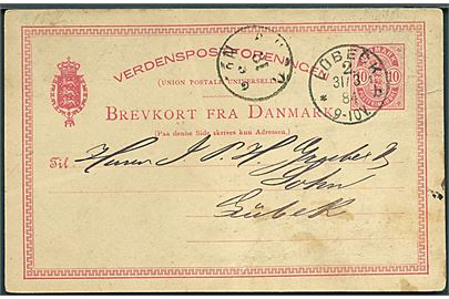 10 øre Våben helsagsbrevkort små hj.tal fra Kjøbenhavn annulleret med tysk stempel i Lübeck 2 d. 31.3.1884 til Lübeck, Tyskland.