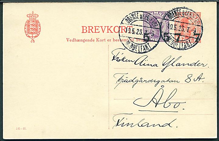 7/10 øre + 5/15 øre provisorisk spørgedel af dobbelt helsagsbrevkort (fabr. 56-H) fra Brenderup annulleret med bureaustempel Odense - Brænderup - Middelfart T.9 d. 10.5.1926 til Åbo, Finland.