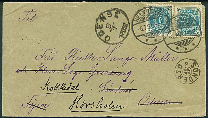 4 øre Tofarvet (2) på brev fra Helsingør d. 6.7.1893 til Søndersø pr. Odense - eftersendt til Kokkedal pr. Hørsholm med stjernestempel SØNDERSØ (Type 1).