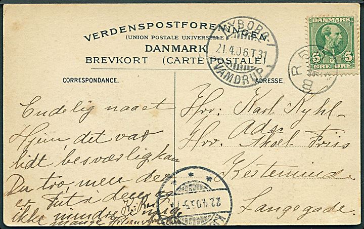 5 øre Chr. IX på brevkort annulleret med stjernestempel BRED (type II) og sidestemplet bureau Nyborg - Vamdrup T.31 d. 21.4.1906 til Kerteminde.