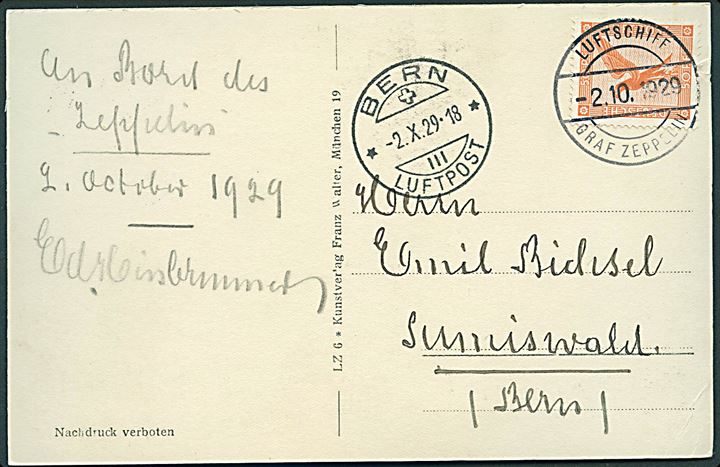 50 pfg. Luftpost på brevkort (LZ127 Graf Zeppelin Verdensrejse) annulleret med bordstempel Luftschiff Graf Zeppelin d. 2.10.1929 og sidestemplet Bern d. 2.10.1929 til Sumiswald, Schweiz. Sendt fra 4. Schweizfahrt og nedkastet over Bern. Sieger: €330