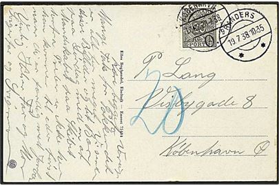 Ufrankeret brevkort fra Randers d. 19.7.1938 til København. Udtakseret i porto med 20 øre Portomærke stemplet København Ø d. 20.7.1938.