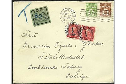 5 øre og 10 øre Bølgelinie på underfrankeret brev fra Hellerup d. 3.9.1932 til Smålands Taberg, Sverige. Udtakseret i 30 öre svensk porto.