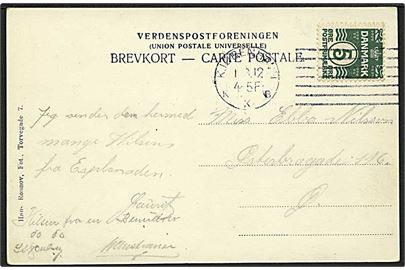 5 øre Bølgelinie på lokalt brevkort (1ste Regiments Musikkorps) annulleret med forsøgsmaskinstempel Kjøbenhavn KKB d. 1.6.1912.