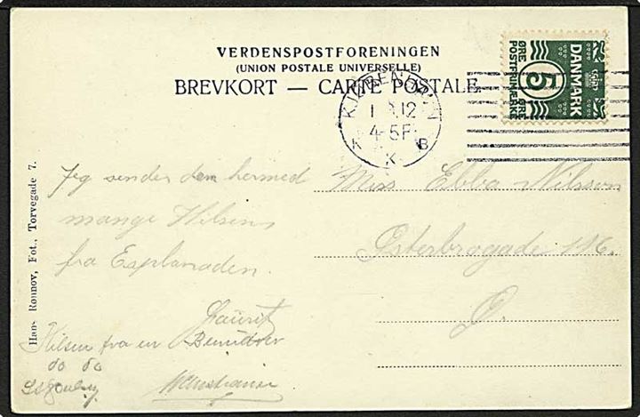 5 øre Bølgelinie på lokalt brevkort (1ste Regiments Musikkorps) annulleret med forsøgsmaskinstempel Kjøbenhavn KKB d. 1.6.1912.