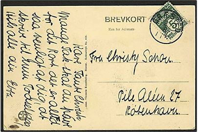 5 øre Bølgelinie på brevkort annulleret med lapidar stempel Græsted d. 26.8.19xx til København.