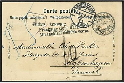 5 c. Våben på billedside af brevkort fra Zürich d. 7.7.1907 til København, Danmark. Udtakseret i 10 øre porto.