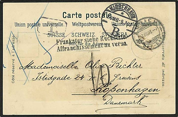 5 c. Våben på billedside af brevkort fra Zürich d. 7.7.1907 til København, Danmark. Udtakseret i 10 øre porto.