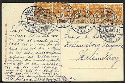 1 øre Bølgelinie i parstykke og 3-stribe på brevkort fra Kjøbenhavn Ø d. 21.8.1906 til Kalundborg.