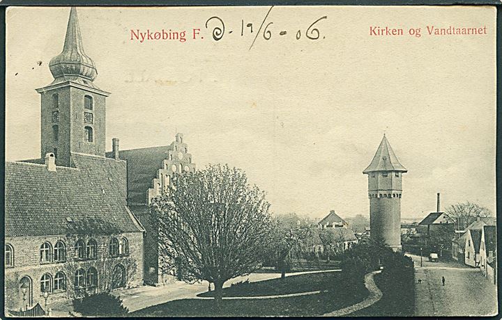 Nykøbing Falster. Kirken og Vandtaarnet. W. & M. no. 391. Frankeret med 2 øre Bølgelinie og 3 øre Tofarvet annulleret Kjøbenhavn - Masnedsund T.908 d. 20.6.1906 til Viborg.