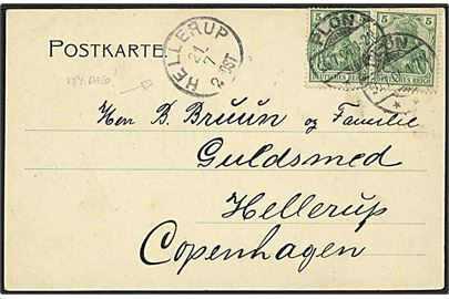 Tysk 5 pfg. Germania i parstykke på brevkort fra Plön d. 20.7.1904 til Hellerup, Danmark. Ank.stemplet lapidar Hellerup d. 21.7.1904.
