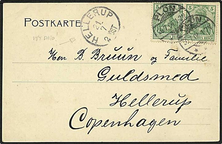 Tysk 5 pfg. Germania i parstykke på brevkort fra Plön d. 20.7.1904 til Hellerup, Danmark. Ank.stemplet lapidar Hellerup d. 21.7.1904.