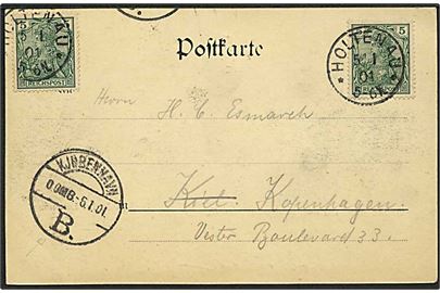 Tysk 5 pfg. Germania (2) på brevkort fra Holtenau d. 5.1.1901 til København, Danmark. Ank.stemplet Kjøbenhavn B. 0.OMB. d. 6.1.1901 (Søndag).