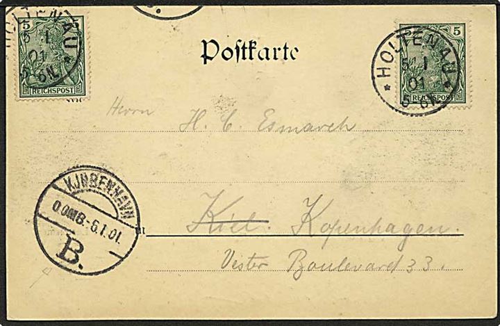Tysk 5 pfg. Germania (2) på brevkort fra Holtenau d. 5.1.1901 til København, Danmark. Ank.stemplet Kjøbenhavn B. 0.OMB. d. 6.1.1901 (Søndag).