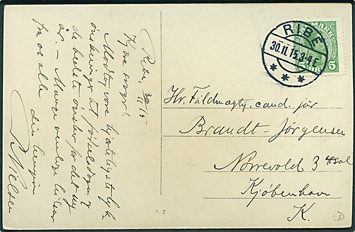 Ribe, familie eller ansatte foran ejendom. Fotokort u/no. Sendt fra Ribe d. 30.11.1915.