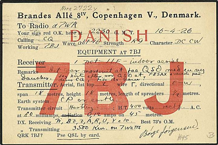 10 øre Bølgelinie med perfin H.K. (Hillingsøe, Køedt & Co.) på lokal QSL-hilsen i København d. 17.4.1926.