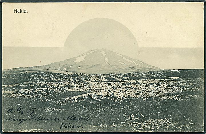 Vulkanen Hekla. Finsen & Johnson no. 38/4214. Frankeret med 6 aur Chr. IX og 5 aur To Konger fra Reykjavik d. 9.8.1907 til København.