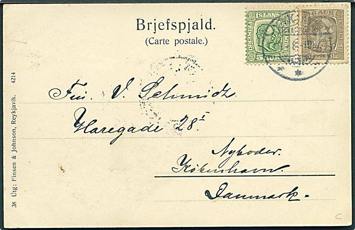 Vulkanen Hekla. Finsen & Johnson no. 38/4214. Frankeret med 6 aur Chr. IX og 5 aur To Konger fra Reykjavik d. 9.8.1907 til København.