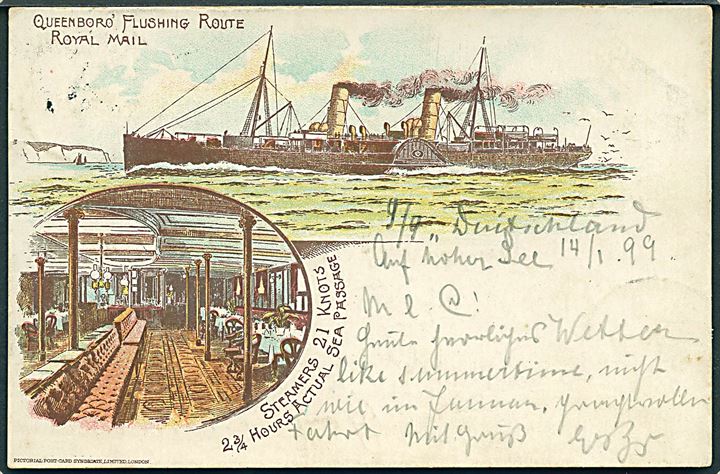 Queenboro Flussing Route Royal Mail. Skrevet ombord på S/S Duitschland d. 14.1.1899. Frankeret med 50 c. stemplet Vlissingen d. 14.1.1899 til Altona-Ottensen, Tyskland.