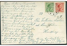 5 øre og 10 øre Chr. X på brevkort (Gadeparti fra Toftlund) annulleret med brotype IIb Frifelt d. 10.8.1920 til Hvidding.