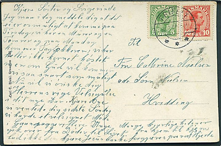 5 øre og 10 øre Chr. X på brevkort (Gadeparti fra Toftlund) annulleret med brotype IIb Frifelt d. 10.8.1920 til Hvidding.