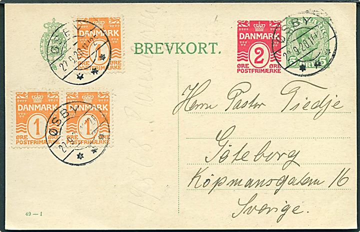 5+2 øre provisorisk helsagsbrevkort (fabr. 49-I) opfrankeret med 1 øre Bølgelinie (3) annulleret brotype IIb Øsby d. 22.9.1920 til Göteborg, Sverige.