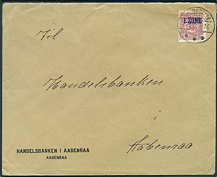 15 øre 1. Zone udg. single på brev annulleret med brotype IIb Bolderslev d. 24.6.1920 til Aabenraa.