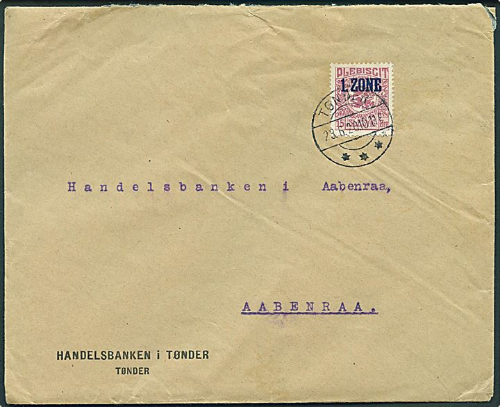 15 øre 1. Zone udg. single på brev stemplet Tønder sn2 d. 23.6.1920 til Aabenraa.