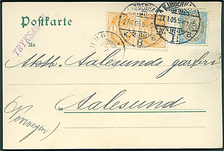 1 øre Våben i parstykke og 3 øre Tofarvet på tryksagskort fra Kjøbenhavn d. 27.1.1905 til Aalesund, Norge.