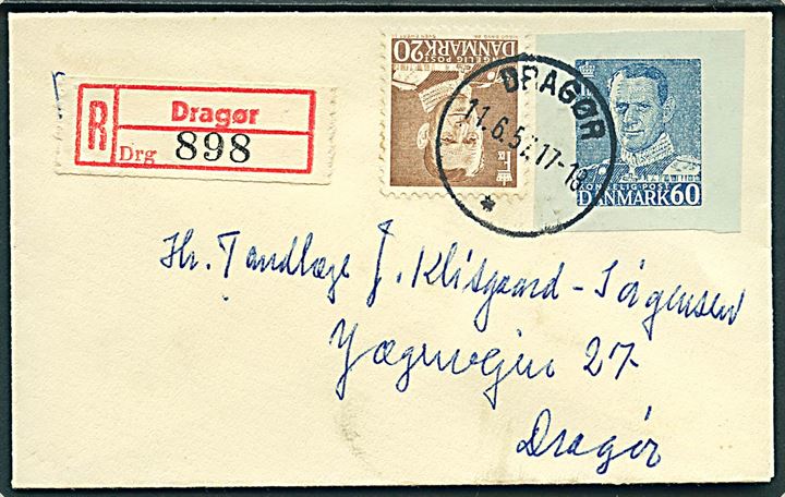20 øre Fr. IX og 60 øre Fr. IX helsagsafklip på lille lokalt anbefalet brev annulleret med brotype IIIc Dragør d. 11.6.1957.