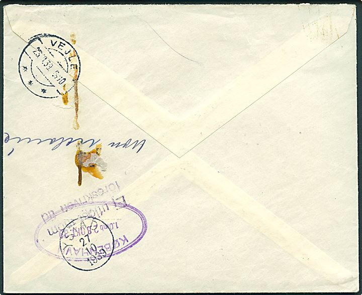 20 øre og 40 øre (par) Karavel på anbefalet brev med postopkrævning fra Veile d. 10.10.1939 til Ystad, Sverige. Retur som ej indløst.