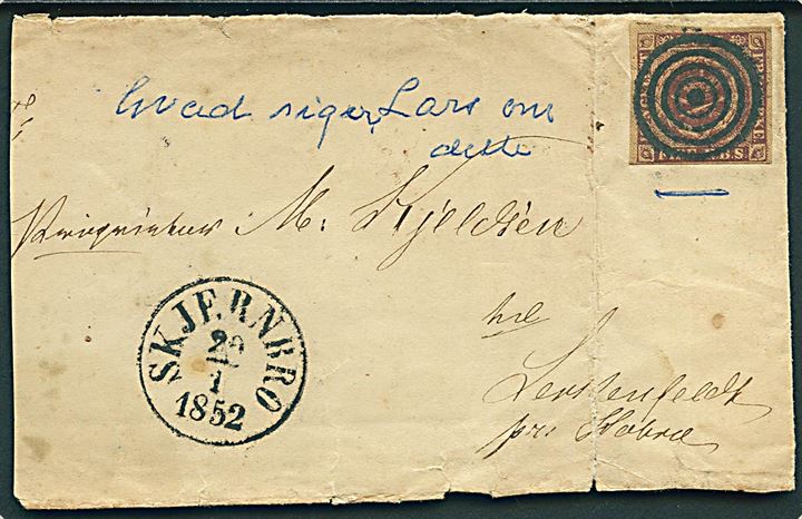 4 R.B.S. Ferslew på stort brevstykke annulleret med stumt stempel og sidestemplet antiqua Skjernbro d. 29.1.1852 til Hobro. Postkontoret i Skjernbro flyttede til Tarm pr. 30.6.1860.