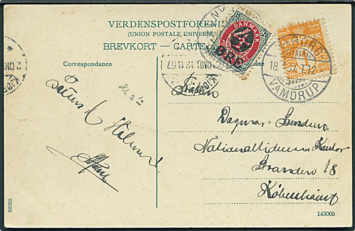 1 øre Bølgelinie og 4/8 øre Provisorium på brevkort (Færgehavnen i Fredericia) annulleret med bureaustempel Nyborg - Vamdrup T.112 d. 18.11.1907 til Kjøbenhavn.
