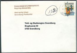 Svendborg Julemærke 1992 på ufrankeret brev stemplet Fyns Postcenter d. 30.7.1993 til Svendborg. Udtakseret i porto med portostempel fra Svendborg postkontor.