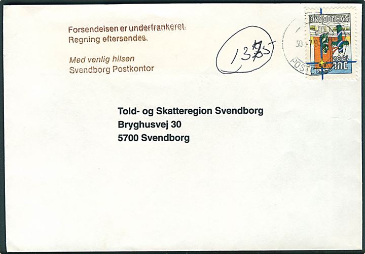 Svendborg Julemærke 1992 på ufrankeret brev stemplet Fyns Postcenter d. 30.7.1993 til Svendborg. Udtakseret i porto med portostempel fra Svendborg postkontor.