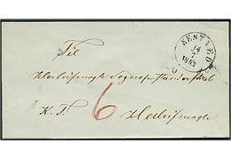 1853. Ufrankeret tjenestebrev mærket K.T. med antiqua Nestved d. 14.7.1853 til Herlufmagle Sogneforstanderskab. Påskrevet 6 sk. porto.